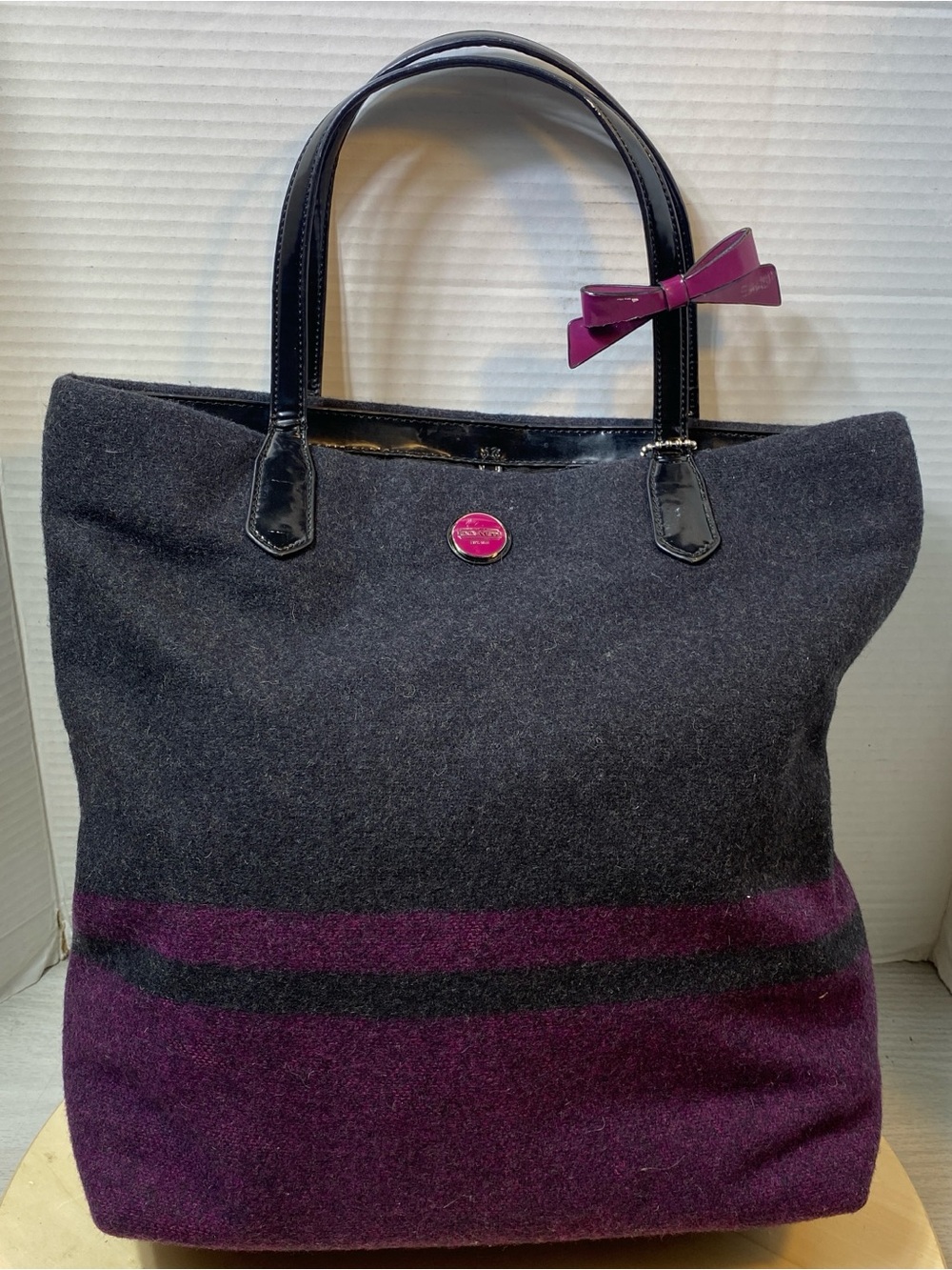 COACH F24665 Taylor Wool Tote Bag Black Purple Stripe Patent Leather Bow Charm